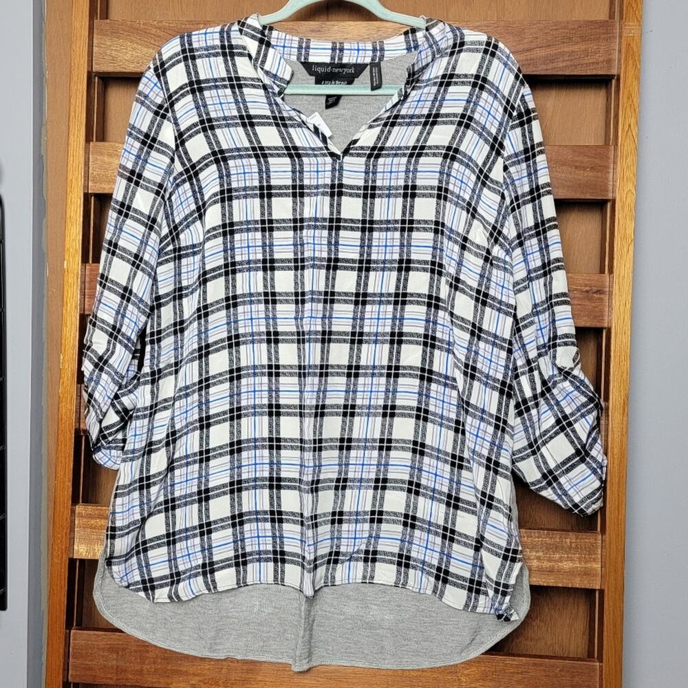 NWOT Liquid New York for A Pea in the Pod Blue & Grey Plaid Silk Blouse, Sz  L